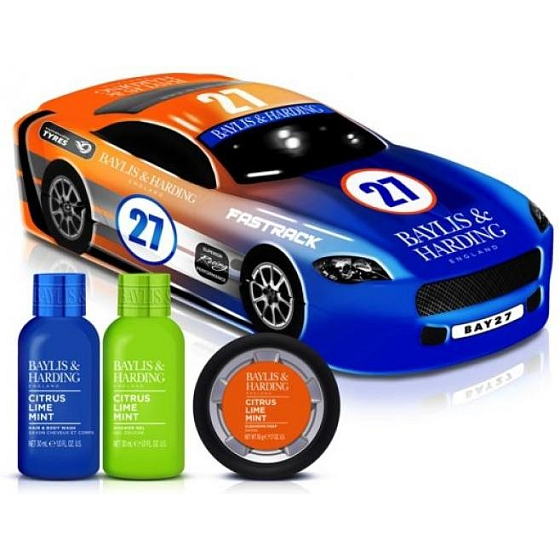 Baylis & Harding Citrus, limetka a mäta sprchový gél na telo a vlasy 30 ml + sprchový gél 30 ml + tuhé mydlo 50 g + pretekárske auto, kozmetická sada pre mužov