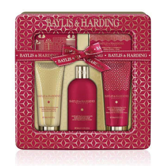 Baylis & Harding Fík a Granátové jablko tekuté telové mydlo 300 ml + sprchový krém 130 ml + mydlo 150 g + krém na ruky a telo 130 g + uteráčik, v plechovej dóze kozmetická sada