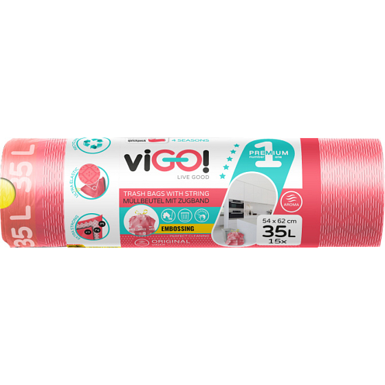 viGO! Premium vrecia na odpad zatahovacie, parfumované, 26 µ, 54 × 62 cm, 35 l, 15 ks