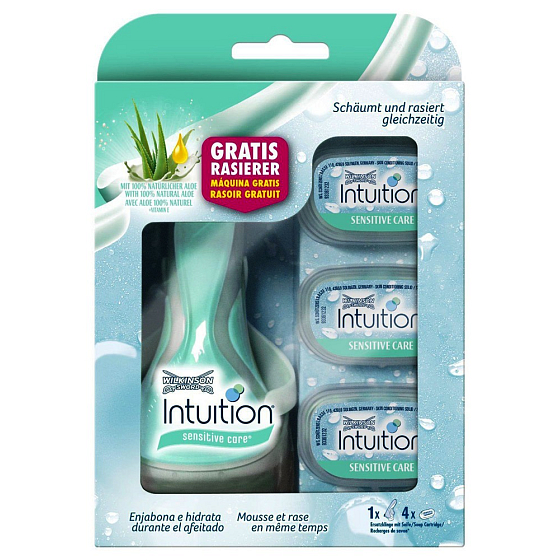 Wilkinson Intuition Naturals Sensitive Care 4 brity holiaci strojček pre ženy + náhradné hlavice 4 kusy, kozmetická sada