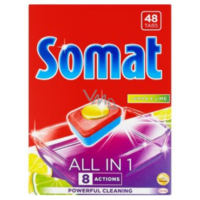 Somat All in 1 Lemon & Lime tablety do umývačky obohatené o silu kyseliny citrónovej a pomáhajú odstrániť ťažko odolnú špinu 48 kusov