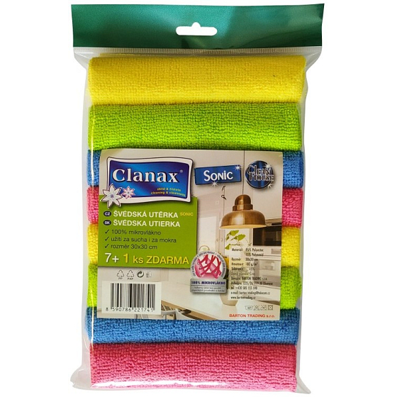 Clanax Sonic Švédska utierka z mikrovlákna, zmes farieb 30 x 30 cm 180 g/m2 8 kusov