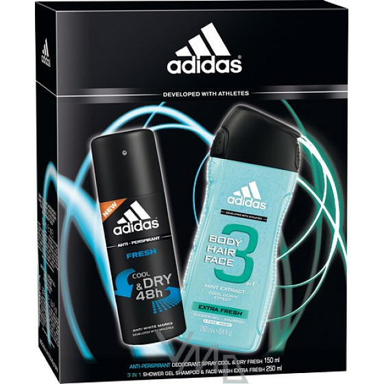 Adidas Cool & Dry Fresh antiperspirant dezodorant sprej 150 ml + Extra Fresh 3v1 sprchový gél na telo, vlasy a tvár pre mužov 250 ml, kozmetická sada