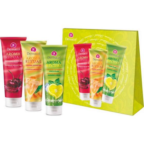 Dermacol Aroma Ritual Mandarinkový sorbet Povznášajúci sprchový gél 250 ml + sprchový gél Čierna čerešňa 250 ml + sprchový gél Rozpustilý citrón 250 ml, kozmetická sada