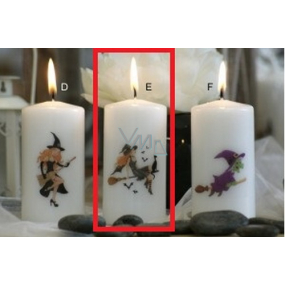 Lima Čarodejnice na metle s mačkou sviečka s potlačou valec biela 50 x 100 mm 1 kus