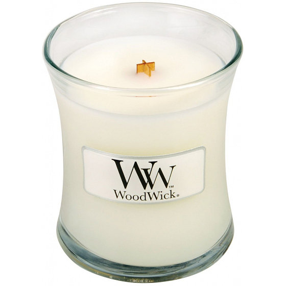 Woodwick Baby Powder - Detský púder vonná sviečka s dreveným knôtom a viečkom sklo malá 85 g