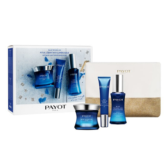 Payot Blue Techni Liss Jour vyhladzujúci chronoaktivní krém 50 ml + Regard vyhladzujúci chronoaktivní gel 15 ml + Concentré vypĺňajúci chronoaktivní sérum 30 ml, + toaletný taška, kozmetická sada