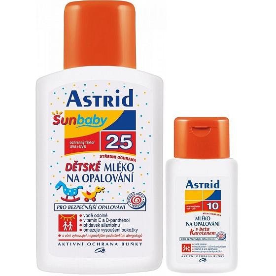 Astrid OF25 Mlieko na opaľovanie pre deti 200 ml + OF10 Beta-karotén mlieko na opaľovanie pre deti 100 ml