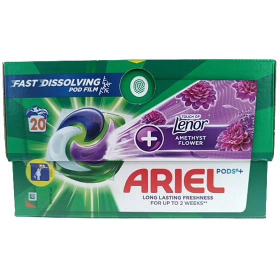 Ariel +Touch Of Lenor Amethyst Flower gélové kapsuly pre dlhotrvajúcu sviežosť 20 kusov
