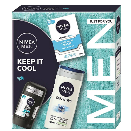 Nivea Men Keep it Cool Sensitive balzam po holení 100 ml + Nivea Invisible Black & White Fresh antiperspirant tuhý stick 50 ml + Nivea Men Sensitive sprchový gél 250 ml, kozmetická sada pre mužov