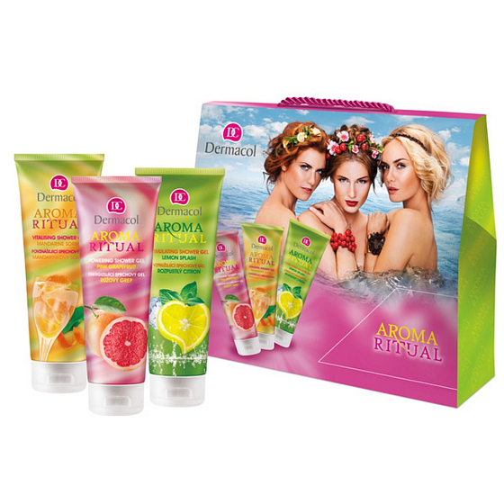 Dermacol Aroma Ritual Grep sprchový gél 250 ml + Mandarinka sprchový gél 250 ml + Citrón sprchový gél 250 ml, kozmetická sada