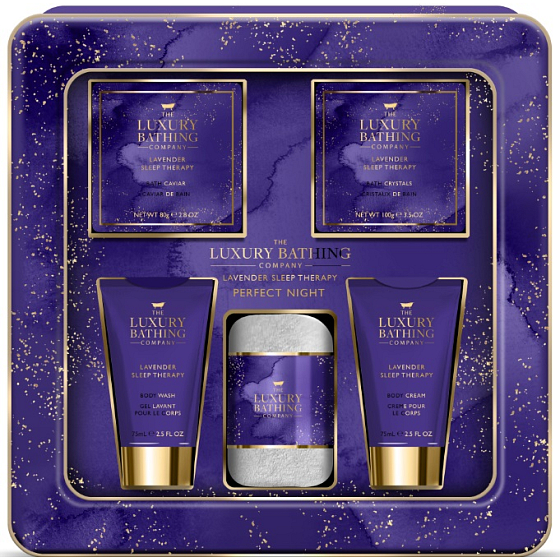 Grace Cole Lavender Sleep Therapy umývací gél 75 ml + telový krém 75 ml + kryštály do kúpeľa 100 g + perly do kúpeľa 80 g + flanelová žinka + plechová krabička, kozmetická sada pre ženy