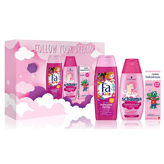 Fa Kids Mermaid sprchový gél 250 ml + Schauma Kids šampón a kondicionér na vlasy 250 ml + Vademecum Junior Jahodová zubná pasta na mliečne zuby 50 ml, kozmetická sada pre deti