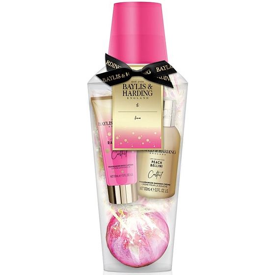 Baylis & Harding Koktejlová hodina Malinová ruže šumivý balistik do kúpeľa 140 g + Broskyňové Bellini sprchový krém 100 ml + Malinová ruže telové mlieko 30 ml, kozmetická sada
