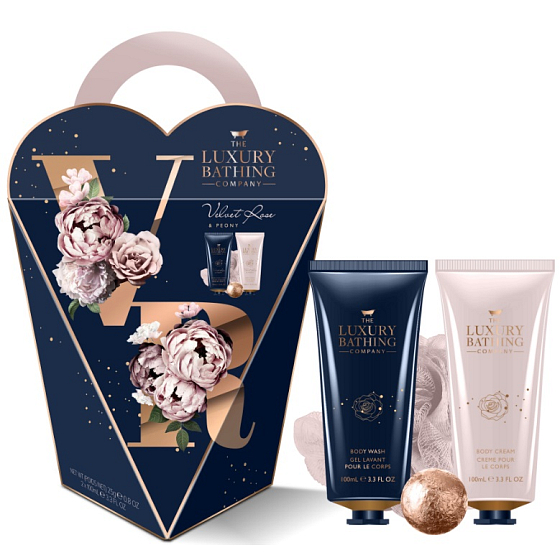 Grace Cole Velvet Rose & Peony umývací gél 100 ml + telový krém 100 ml + šumivá guľa do kúpeľa 25 g + umývacia huba, kozmetická sada pre ženy