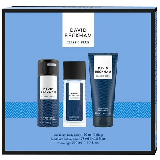 David Beckham Classic Blue parfumovaný dezodorant 75 ml + sprchový gél 200 ml + dezodorant v spreji 150 ml, kozmetická sada pre mužov