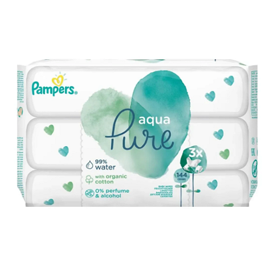 Pampers Pure Aqua vlhčené obrúsky z bio bavlny, bez alkoholu a parfumácie pre deti 3 x 48 kusov