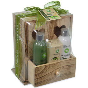 Idc Institute Organica Olive Oil sprchový gél 120 ml + telové mlieko 120 ml + mydlo 90 gv drevenej krabičke, kozmetická sada