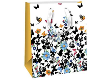 Ditipo Darčeková papierová taška 18 x 22,7 x 10 cm Glitre - biele čierne a farebné motýle a kvety