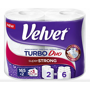 Velvet Turbo Duo papierové utierky 3vrstvé, 165 útržkov, 36,3 m v roli, 2 role
