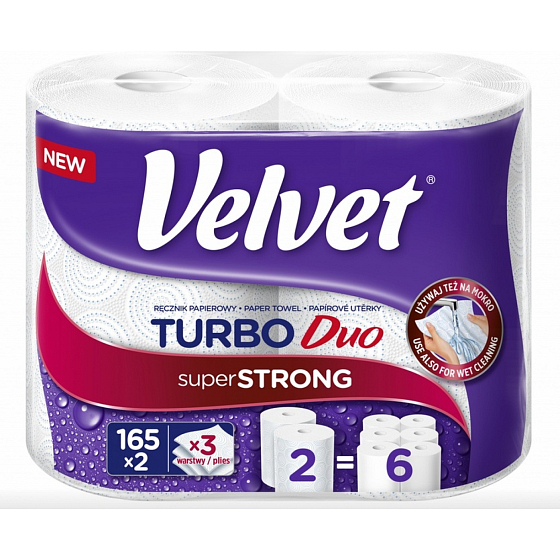 Velvet Turbo Duo papierové utierky 3vrstvé, 165 útržkov, 36,3 m v role, 2 role