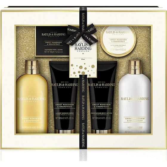 Baylis & Harding Sladká mandarínka a Grapefruit umývací gél 300 ml + kúpeľové mlieko 300 ml + toaletné mydlo 150 g + sprchový krém 130 ml + telové mlieko 130 ml + soľ do kúpeľa 100 g, kozmetická sada