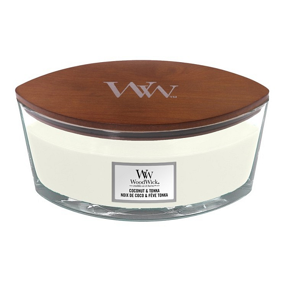 Woodwick Coconut & Tonka - Kokos a tonka boby vonná sviečka s dreveným širokým knôtom a viečkom sklo loď 453 g