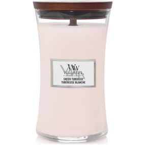 WoodWick Sheer Tuberose - Jemná tuberózová vonná sviečka s dreveným knôtom a skleneným viečkom veľká 609,5 g