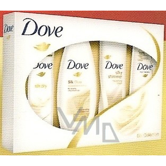 Dove Silk dezodorant sprej 150 ml + sprchový gél 250 ml + telové mlieko 250 ml + šampón 250 ml, kozmetická sada