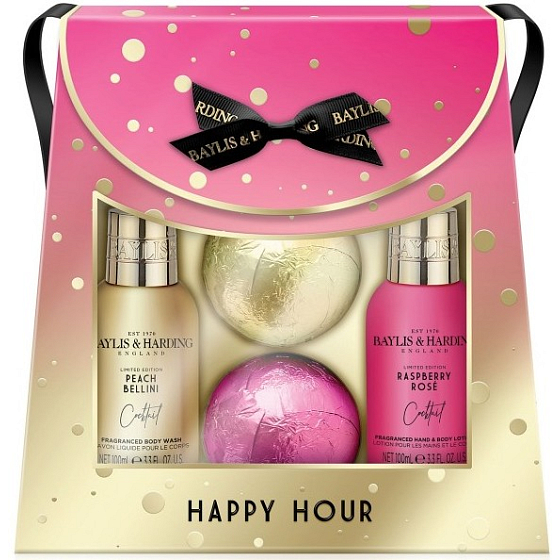 Baylis & Harding Koktejlová hodina Broskyňové Bellini umývací gél 100 ml + Malinová ruže mlieko na ruky a telo 100 ml + šumivý balistik do kúpeľa 2 x 140 g, kozmetická sada