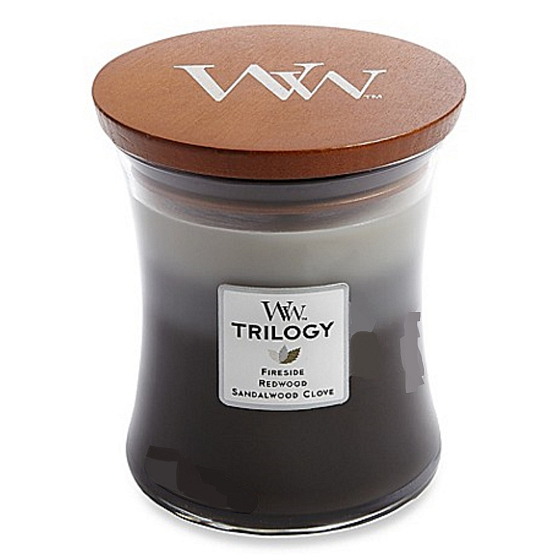 WoodWick Trilogy Warm Woods - Hrejivé drevo vonná sviečka s dreveným knôtom a viečkom sklo stredné 275 g