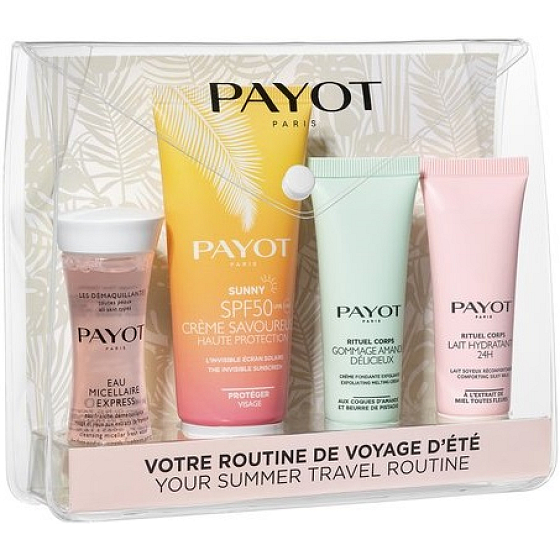 Payot Letná cestovná súprava Eau Micellaire Express Facial Lotion 30 ml + Creme Savoureuse SPF50 Sunscreen 50 ml + Gommage Amande Déclicieux Body Scrub 25 ml + Lait Hydratant 24H Body Care 25 ml, Promo cestovná kozmetická súprava v taške 2021