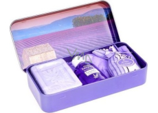 Esprit Provence Levanduľové toaletné mydlo 60 g + vonné vrecko + esenciálny olej 12 ml + plechová krabička s obrázkom západu slnka, kozmetická sada pre ženy
