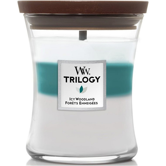 WoodWick Trilogy Icy Woodland - Ľadový les vonná sviečka s dreveným knôtom a skleneným viečkom stredná 275 g