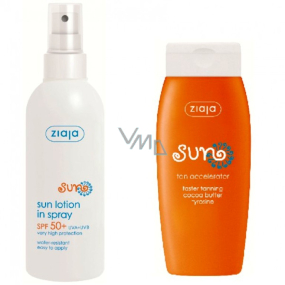 Ziaja Sun SPF 50+ UVA/UVB vodeodolné mlieko na opaľovanie sprej 170 ml + aktivátor opaľovania s tyrozínom 150 ml, duopack
