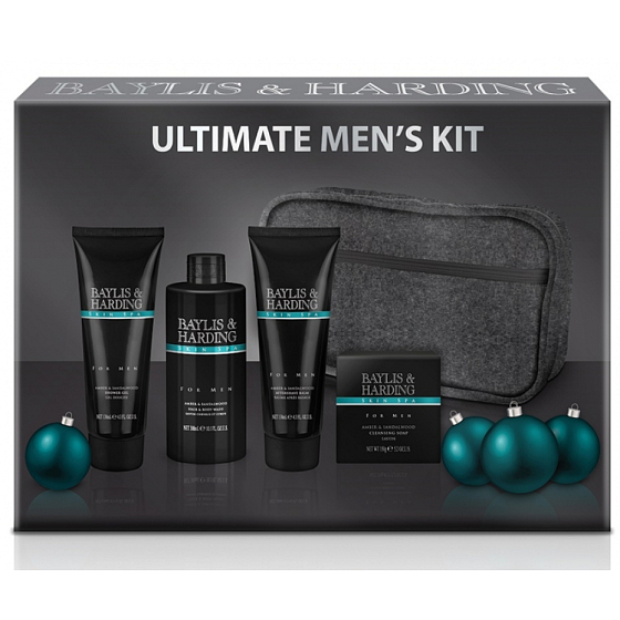 Baylis & Harding Men Jantar a Santalové drevo tekuté mydlo na telo aj vlasy 300 ml + mydlo 150 g + balzam po holení 130 ml + sprchový gél 130 ml + šedá toaletná taška kozmetická sada pre mužov
