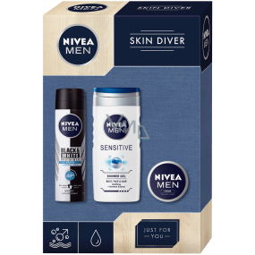 Nivea Men Skin Diver Sensitive sprchový gél 250 ml + Black & White Invisible Fresh antiperspirant sprej 150 ml + krém 30 ml, kozmetická sada
