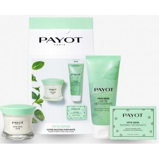 Payot Pate Grise Jour denný zmatňujúci nemastný purifikačný gél 50 ml + Nettoayante penivý gél pre dokonalú pleť 200 ml + Papiers Matifiants SOS Brillance zmatňujúce papieriky 50 kusov, kozmetická sada 2021