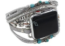 Ručne vyrobený remienok pre Apple Watch strieborný + korálky, veľkosť 38/40/41 mm