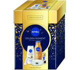 Nivea Golden Moment Shea Butter & Botanical sprchový gél 250 ml + Q10 Spevňujúce tónované telové mlieko 400 ml + Invisible Black & White Silky Smooth antiperspirant roll-on 50 ml + Labello Hyaluron Rose balzam na pery 4,8 g + čelenka, kozmetická sada pre ženy