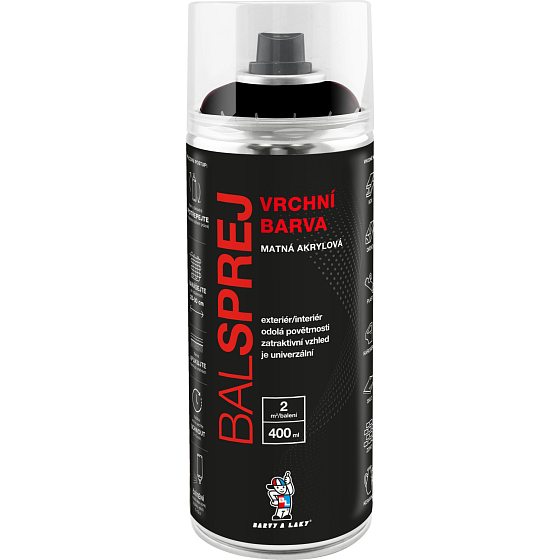 BALSPREJ vrchná univerzálna akrylová farba v spreji, RAL 9005 čierny mat, 400 ml