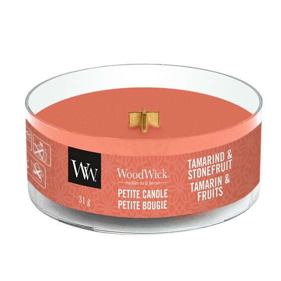 Woodwick Tamarind & Stonefruit - Tamarind a kôstkovice vonná sviečka s dreveným knôtom petite 31 g