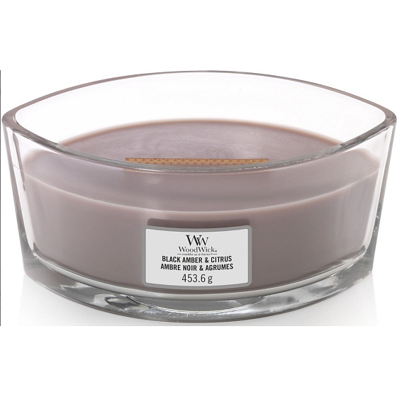 Woodwick Black Amber & Citrus - Čierna ambra a citrusy vonná sviečka s dreveným širokým knôtom a viečkom sklo loď 453 g
