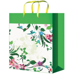 Anjel Darčeková papierová taška 32 x 26 x 12,7 cm zelená s kvetmi