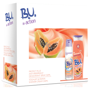 BU In Action Protect Plus antiperspirant dezodorant sprej pre ženy 150 ml + In Action Yogurt + Papaya sprchový gél 250 ml, kozmetická sada