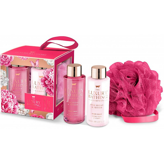 Grace Cole Pink Peony & Vetiver sprchový gél 100 ml + telové mlieko 100 ml + kúpeľová žinka, kozmetická sada