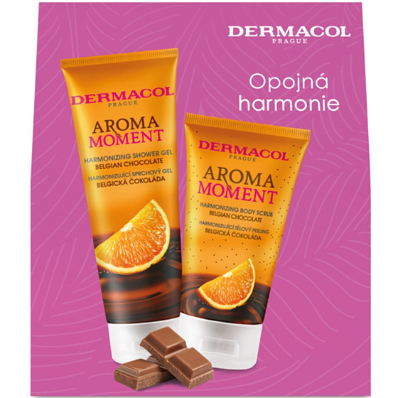 Dermacol Aroma Moment Belgian Chocolate - sprchový gél Belgian Chocolate 250 ml + telový peeling 150 ml, kozmetická sada pre ženy