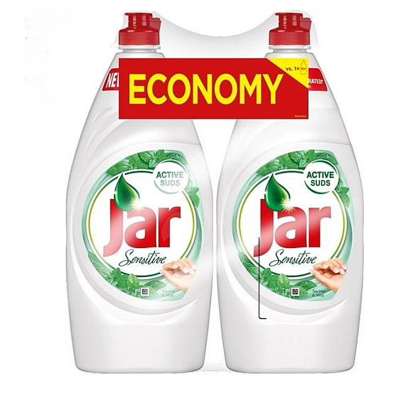 Jar Sensitive Tea Tree & Mint Prostriedok na ručné umývanie riadu patent technológie + hubka 2 x 650 g Duopack