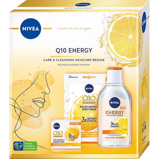 Nivea Q10 Energy OF15 energizujúci denný krém proti vráskam 50 ml + textilná maska na tvár 1 ks + micelárna voda s vitamínom C 400 ml, kozmetická sada pre ženy