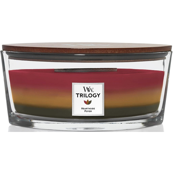 WoodWick Trilogy Hearthside Foyer - Sedenie pri krbe vonná sviečka s dreveným knôtom a viečkom sklenená loďka 453 g